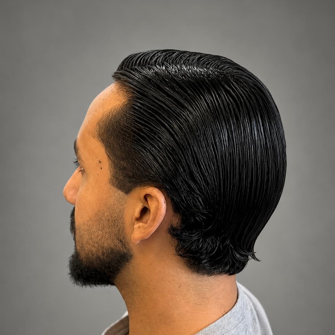 Perfil de cabelo preto liso jogado para trás com brilho de pomada, acompanhado de barba cheia