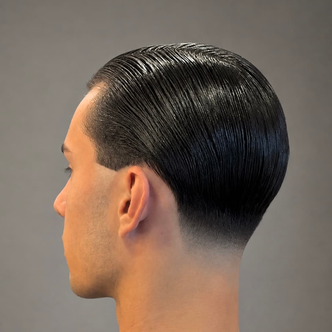 Perfil de risca lateral marcada, cabelo penteado para o lado e degradê fechado na nuca
